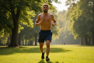 A man jogging outdoors in a park, illustrating men's health tips.