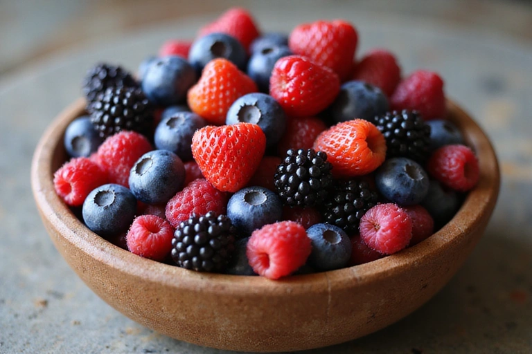 Close-up of a vibrant bowl of berries, symbolizing antioxidant-rich foods.