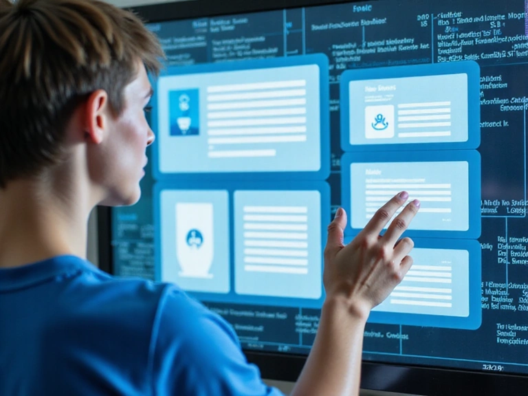 A person interacting with digital forms on a screen, with icons representing data access, modification, and deletion, symbolizing user rights over their personal information.